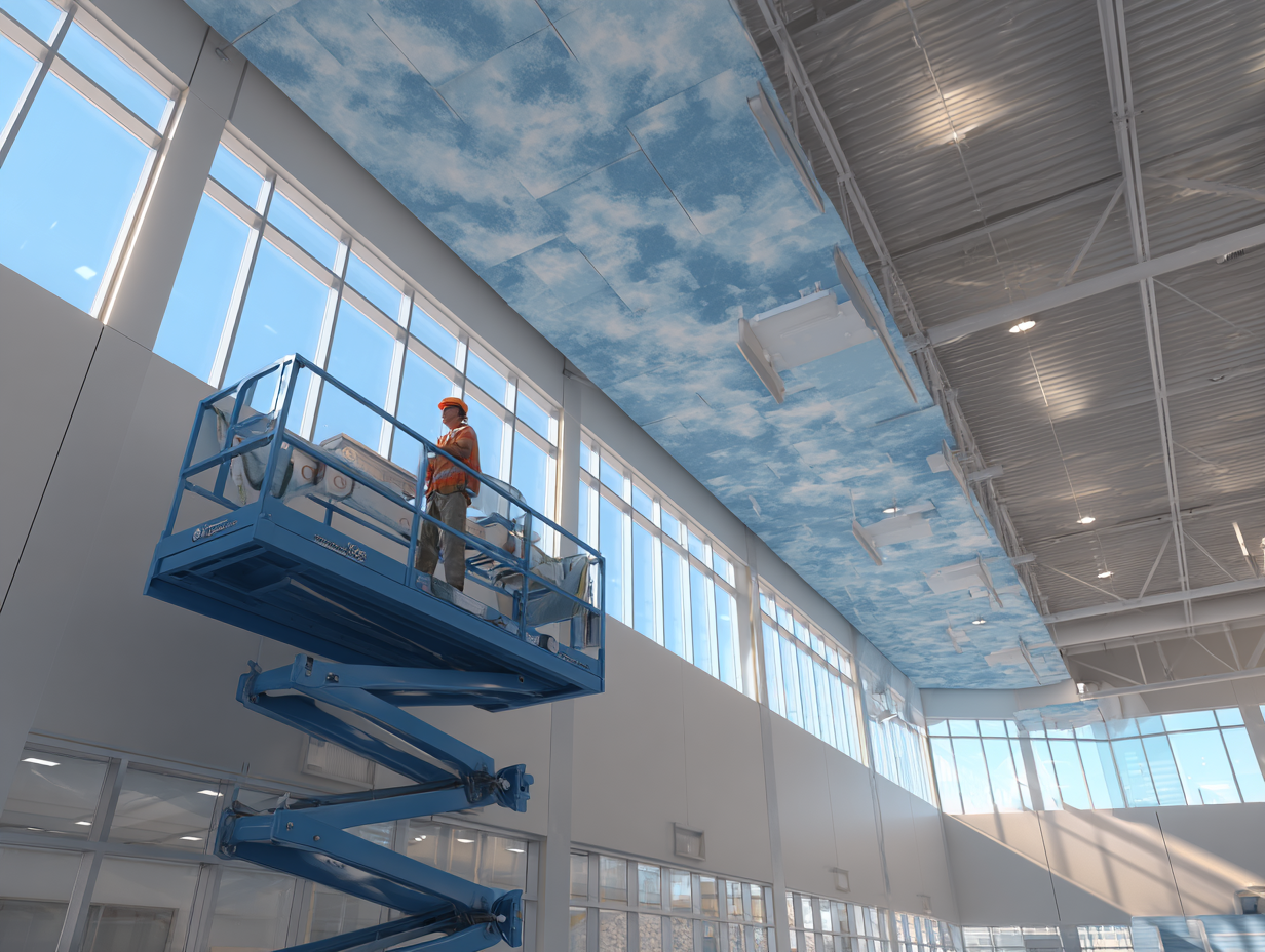 Worker on a scissor lift installing acoustic panels on an indoor pool ceiling